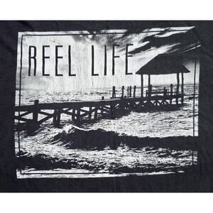 Reel Life Graphic T-Shirt XL Black Fishing Pier Ocean Back Print Cotton Tee